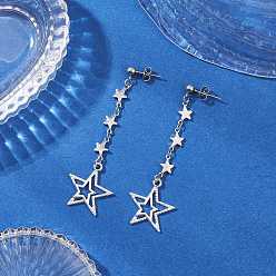 Платина Серьги-гвоздики из сплава в тибетском стиле с кисточками, звезда, с 304 нержавеющей стали, платина, 67x20.5 мм