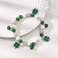 Зеленый Сплав эмали шарм браслеты, эластичные браслеты из стеклянных бусин для женщин, клевер, зелёные, внутренний диаметр: 2 дюйм (5.1 см)