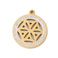 Настоящее золото 18K Стабилизированный свежий цветок 304 подвески из нержавеющей стали со стразами, плоско-круглые, реальный 18 k позолоченный, 25x21x2 мм, отверстие : 2 мм