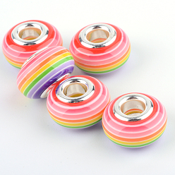 Темно-Фиолетовый Cmолы европейские шарики, бусины с большим отверстием, с посеребренной латуни двойные сердечники, полоса, рондель, темно-фиолетовый, 14x8~8.5 мм, отверстие : 5 мм