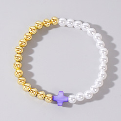 Средний Фиолетовый Эластичные браслеты из искусственного жемчуга и латунных круглых бусин, крестик из натуральных ракушек для женщин, средне фиолетовый, внутренний диаметр: 6-7/8 дюйм (17.5 см)