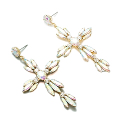 Colorful Cross Alloy Rhinestone Dangle Stud Earrings for Women, Colorful, 70x55mm