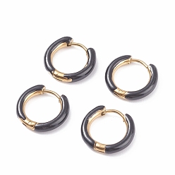 Черный Двухцветные 304 массивные серьги-кольца из нержавеющей стали с эмалью для женщин, реальный 18 k позолоченный, чёрные, 10 датчик, 15~16x2.5~3 мм, штифты : 1 мм