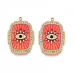 Помидор Ионное покрытие (ip) 304 эмалевые подвески от сглаза из нержавеющей стали, со стразами, прямоугольные, реальный 18 k позолоченный, помидор, 32.5x22x2.5 мм, отверстие : 2 мм