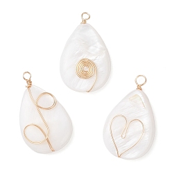 Mixed Shapes 3 шт 3 стили натуральные пресноводные подвески из ракушек, подвески-слезинки с медной проволокой в обертке, золотые, белые, разнообразные, 29~30x17.5x5 мм, отверстие : 2.5~3.5 мм, 1 шт / стиль