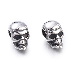Antique Silver Halloween 304 Stainless Steel European Beads, Large Hole Beads, Skull Head, Antique Silver, 16x9.5x13mm, Hole: 5mm