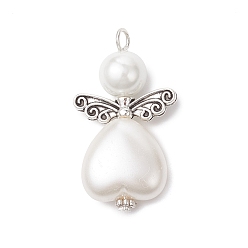 Белый 50шт. подвески из искусственного жемчуга и стеклянного жемчуга из АБС-пластика, ангельское очарование, с петлей из античного серебряного сплава и платинового железа, белые, 38x22x10 мм, отверстие : 3.5 мм
