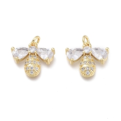 Real 18K Gold Plated Brass Micro Pave Cubic Zirconia Charms, with Jump Rings, Bees, Clear, Real 18K Gold Plated, 11x14x2.5mm, Hole: 1.6mm