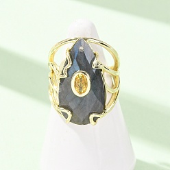 Labradorite Natural Labradorite Cuff Rings, Teardrop, Brass Pave Cubic Zirconia Cuff Open Rings, Faceted, Golden, 26.5mm, Inner Diameter: 18mm