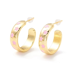 Pink Golden Brass Stud Earrings for Women, Star Pattern Enamel Open Hoop Earrings, Rack Plating Half Hoop Earrings, Cadmium Free & Lead Free, Pink, 6x19x2mm, Pin: 1mm, Inner Diameter: 16mm
