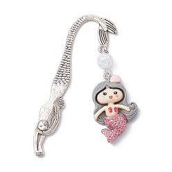 Gray Mermaid Resin Pendant Bookmarks, with Synthetic Crackle Quartz Bead, Gray, 78.5mm, Pendant: 47x22x7.5mm