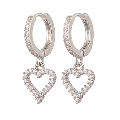 Сердце Серьга-кольцо с прозрачным кубическим цирконием из латуни, подвесная серьга для женщин, сердце, 26.5 мм, штифты : 0.8x1 мм