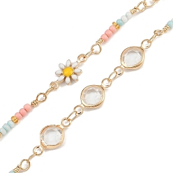 Золотой Латунный цветок с плоскими круглыми звеньями, со стеклом и эмалью, долговечный, стойки покрытие, без свинца и без кадмия, несварные, ручной работы из бисера цепи, золотые, 12.5x6.5x2.5 mm и 19.5x2.5 mm