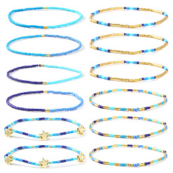 Небесно-голубой 12 шт. Набор эластичных браслетов из стеклянного бисера для рождественских украшений, латунные подвески в виде звезды для женщин, голубой, регулируемый