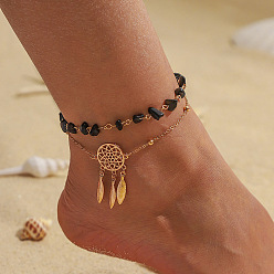 Черный Пластиковые имитация драгоценных камней, бисерные сплавные плетеные паутины/сетки с перьями, двухслойные браслеты для женщин, золотые, чёрные, 8-1/8 дюйм (205 мм)