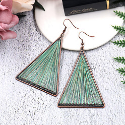 Aquamarine Creative Design Alloy Dangle Earrings, with Cotton Thread and Metallic Cord, Triangle, Red Copper, Aquamarine, 87x50mm