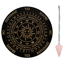 Sun AHADEMAKER Divination Sets, including 1Pc PVC Plastic Pendulum Board, 1Pc 304 Stainless Steel Cable Chain Necklaces, 1Pc Natural Rose Quartz Stone Pendants, Sun Pattern, Board: 200x4mm