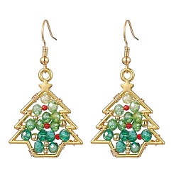 Golden Christmas Tree Alloy & Glass Dangle Earring, with Brass Stainless Steel Earring Hooks, Golden, 48x27mm