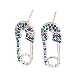 Platinum Rack Plating Brass Micro Pave Clear Cubic Zirconia Stud Earring, Cadmium Free & Lead Free, Long-Lasting Plated, Brooch, Platinum, 22x9mm