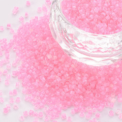 Pink Glass Cylinder Beads, Seed Beads, Inside Colours, Round Hole, Pink, 1.5~2x1~2mm, Hole: 0.8mm, about 8000pcs/bag, about 1pound/bag