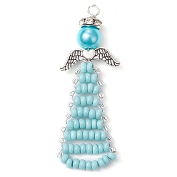 Светло-Синий Подвески-ангелы из бисера, подвески из стеклянного жемчуга, железных стразов и стеклянных бусин, голубой, 48~55x18~24x8 мм, отверстие : 2.5 мм