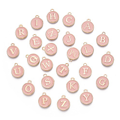 Pink Initial Letter A~Z Alphabet Enamel Charms, Flat Round Disc Double Sided Charms, Golden Plated Enamelled Sequins Alloy Charms, Pink, 14x12x2mm, Hole: 1.5mm, 26pcs/set