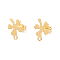 Real 24K Gold Plated 201 Stainless Steel Stud Earring Findings, with 304 Stainless Steel Pins, Horizontal Loops and Ear Nuts, Clover, Real 24K Gold Plated, 14x10mm, Hole: 1.4mm, Pin: 0.8mm