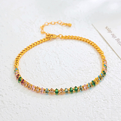 Разноцветный Вечные латунные браслеты для ног с подвеской в виде лошадиного глаза из кубического циркония для женщин, элегантная повседневная одежда, реальный 18 k позолоченный, красочный, 8-5/8 дюйм (220 мм)