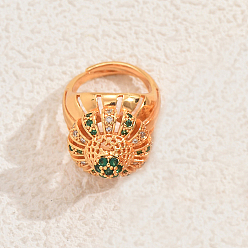 Зеленый Полые геометрические прочные латунные регулируемые кольца с паве из кубического циркония для женщин, круглые, зелёные, 18 мм, внутренний диаметр: 16мм~18мм