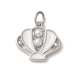 Белый Подвески из латуни с эмалью в стойку, со стеклянной жемчужиной и прыгающим кольцом, долговечный, без кадмия и без свинца, морские раковины, платина, белые, 17x15x3 мм, отверстие : 3 мм