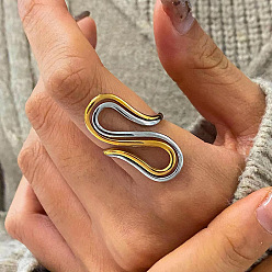 Real Gold Plated & Stainless Steel Color Double Layer 304 Stainless Steel Cuff Open Rings for Women, Real Gold Plated & Stainless Steel Color, 31mm, Inner Diameter: 19mm
