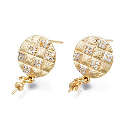 Real 18K Gold Plated Brass Micro Pave Cubic Zirconia Stud Earring Findings, with 925 Sterling Silver Pins and Cup Peg Bails, for Half Drilled Bead, Cadmium Free & Nickel Free & Lead Free, Grooved Flat Round, Real 18K Gold Plated, 21x12mm, Pin: 0.7mm, Pin: 0.7mm(for half drilled beads)