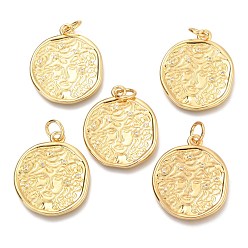 Real 18K Gold Plated Brass Micro Pave Clear Cubic Zirconia Pendants, with Jump Rings, Flat Round with Human, Real 18K Gold Plated, 28x24x1.7mm, Hole: 5mm