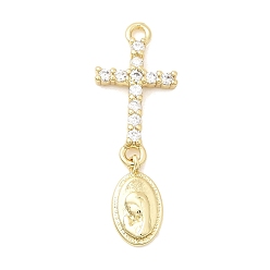 Настоящее золото 18K Латунные микро проложить кубического циркония подвески, подвески в виде креста и овала, долговечный, стойки покрытие, без свинца и без кадмия, реальный 18 k позолоченный, 31x11x3 мм, отверстие : 1.8 мм