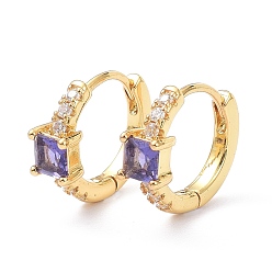 Фиолетовый Серьги-кольца с инкрустацией из латуни и фианитами, реальный 18 k позолоченный, квадратный, без кадмия и без свинца, фиолетовые, 15x13x5 мм, штифты : 1 мм