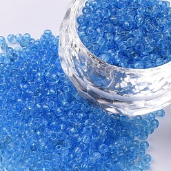 Deep Sky Blue Glass Seed Beads, Transparent, Round, Deep Sky Blue, 12/0, 2mm, Hole: 1mm, about 30000 beads/pound