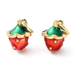 Клубника Латунные подвески, с эмалью, реальный 18 k позолоченный, клубника прелести, 12x10x8.5 мм, отверстие : 4 мм