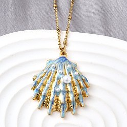 Shell Shape Летний пляж 304 ожерелья из нержавеющей стали с голубой эмалью и подвесками для женщин, с пластиковой жемчужины, реальный 18 k позолоченный, формы раковины, 15.94 дюйм (40.5 см), Кулон : 33.5x28x9 мм