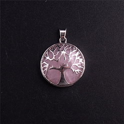 Rose Quartz Natural Rose Quartz Pendants, with Metal Finding, Tree of Life, 27x27x7mm