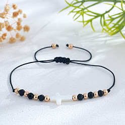 Черный Регулируемые браслеты из плетеных бусин из стекла и латуни, украшения в виде креста из натуральных ракушек для женщин, чёрные, 11.02 дюйм (28 см)