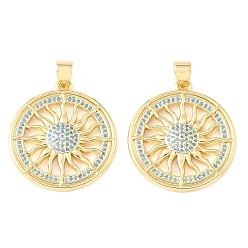 Chapado en Oro Real 18K Colgantes de circonita cúbica azul cielo con micro pavé de latón, redondo plano con dijes de sol, chapado en rack, larga duración plateado, sin plomo y cadmio, real 18 k chapado en oro, 30x27x4 mm, agujero: 5x4 mm