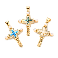 (52) Непрозрачная лаванда Подвески из латуни с микро-паве и прозрачным кубическим цирконием, без кадмия и без свинца, с искусственным опалом и искусственным жемчугом ABS, реальный 18 k позолоченный, крест прелести, с целью перехода в кольце, разноцветные, 31x22x4.5 мм, отверстие : 5x3.5 мм