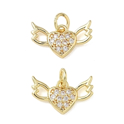 Chapado en Oro Real 18K Latón micro pavimenta claro colgantes de circonio cúbico, corazón con los encantos del ala, real 18 k chapado en oro, 9x15x2.5 mm