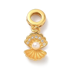 Золотой 925 европейские подвески из стерлингового серебра с прозрачными кубическими цирконами, подвески в форме ракушки с большим отверстием и белой круглой пластиковой имитацией жемчуга, золотые, 20 мм, отверстие : 4 мм