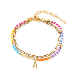 Letter A 304 Браслеты из нержавеющей стали с подвесками в виде букв, двухслойные, Эластичные браслеты из смоляных бусин для женщин, золотые, буква a, 6.50 дюйм (16.5 см) ~ 6.69 дюйм (17 см)