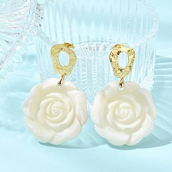 Oro Pendientes colgantes de latón y concha natural de agua dulce, oval y flor, dorado, 54x34~35 mm