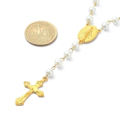 White Glass Pearl Rosary Bead Necklaces, Alloy Crucifix Cross & Virgin Mary Pendant Necklace, White, 17.72 inch(45cm)