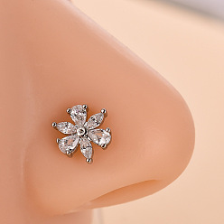 Цветок 316l Хирургические кольца для носа из нержавеющей стали с прозрачным кубическим цирконием в форме буквы L, цвет нержавеющей стали, цветок, 7 мм, штифты : 0.8 мм