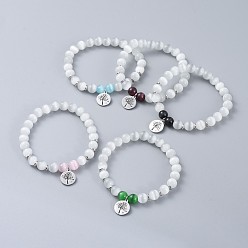 (52) Непрозрачная лаванда 316 хирургические браслеты с подвесками из нержавеющей стали с кубическим цирконием, с круглыми бусинами кошачий глаз и латунными плоскими круглыми бусинами, плоские круглые с дерева жизни, разноцветные, 2-1/8 дюйм (5.3 см), 8 мм