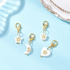Золотой 4 шт. подвесные украшения из натуральных морских ракушек, звезда, луна и сердце, с цинковым сплавом застежками омаров коготь, золотые, 25.5~28 мм